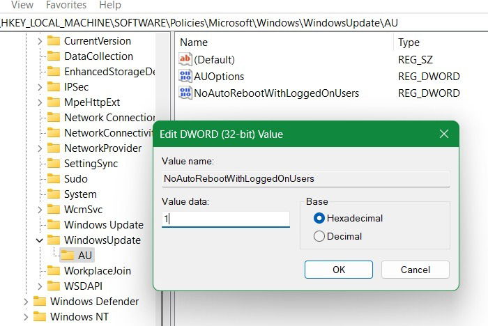 Clé au sous Windows Update avec valeur de registre = 0 pour