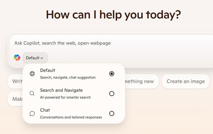 Trois modes de recherche dans le nouvel onglet Copilot: par défaut, recherche et navigation et chat
