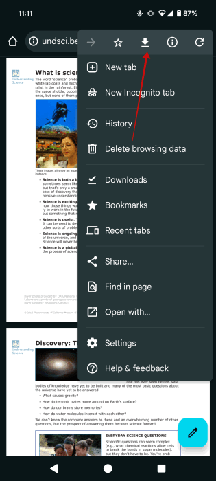 Téléchargement du fichier PDF dans l'application Chrome sur Android.
