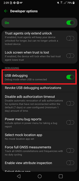 Allumer le débogage USB.