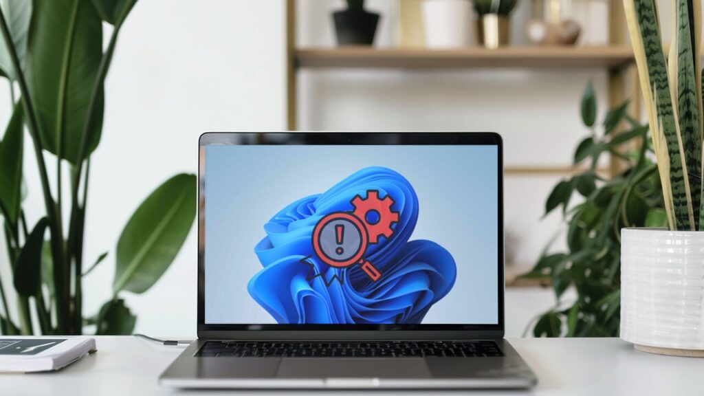 Windows 11 laptop on a desk with a troubleshoot icon in middle
