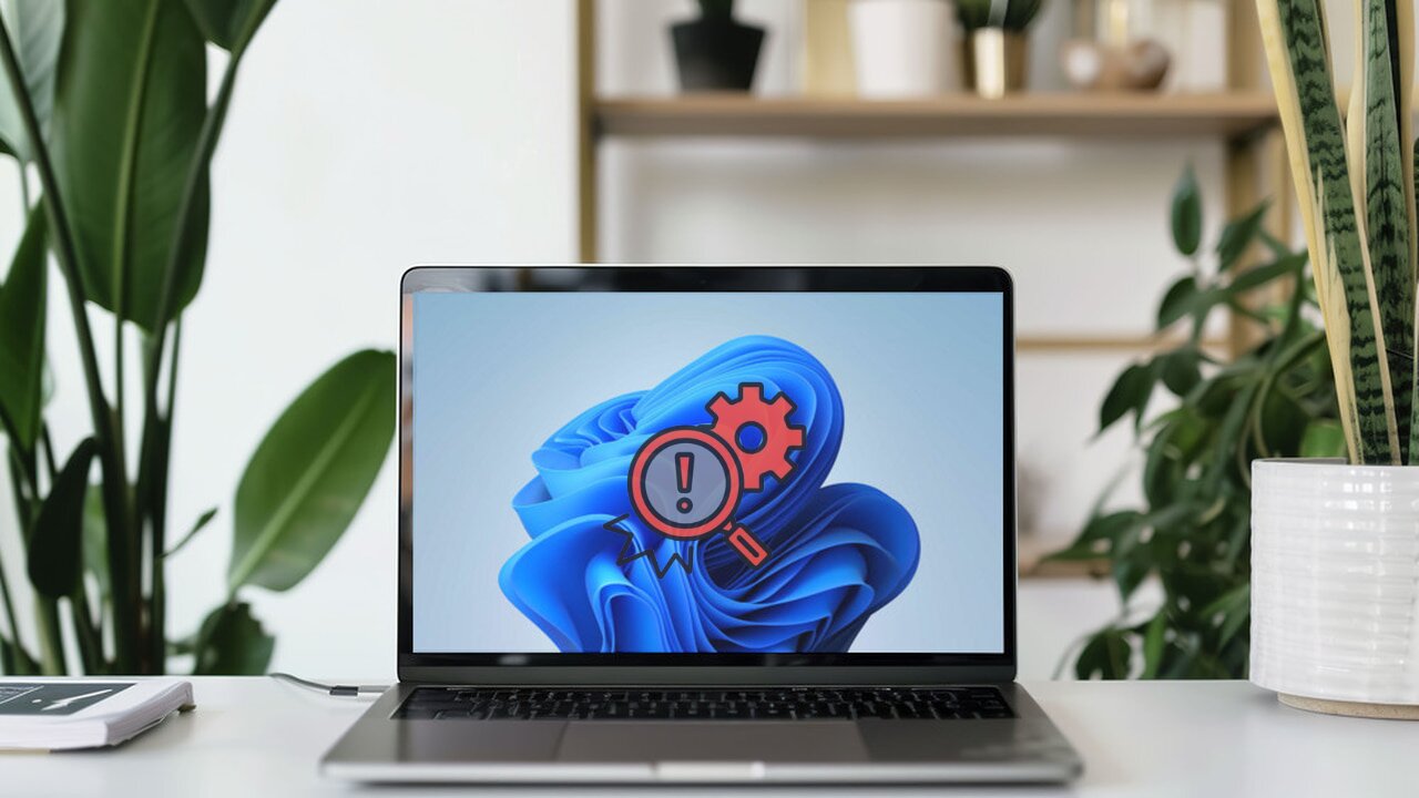 Windows 11 laptop on a desk with a troubleshoot icon in middle