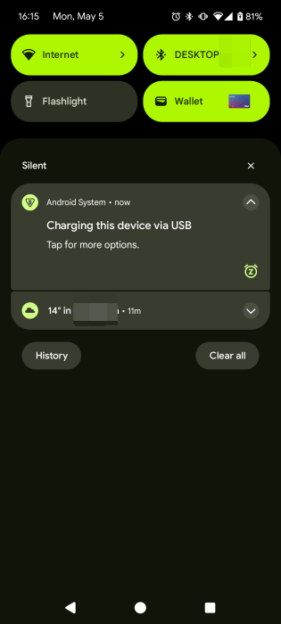 Message connecté USB Vue de notification Android