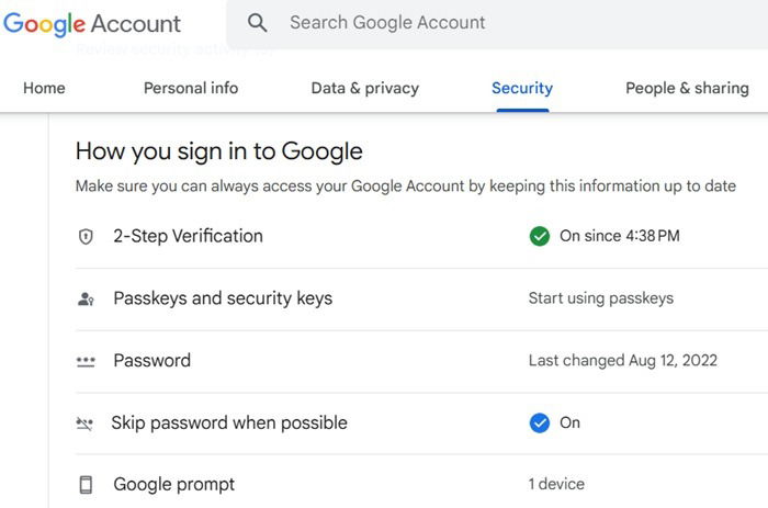 SMS 2FA sur Gmail MyAccount Security Green Check 2SV