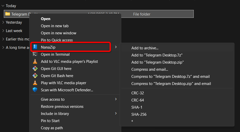 Options de menu contextuel de Nanazip