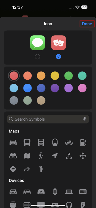 Sélection de l'icône personnalisée pour le raccourci sur iPhone.