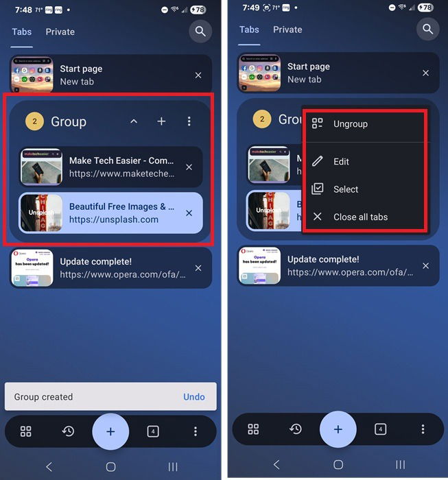 Création des îles Tab dans l'opéra sur Android.