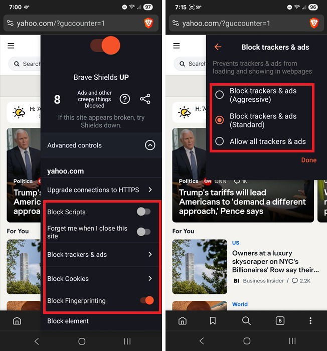 Bloquer plus d'éléments dans Brave sur Android.