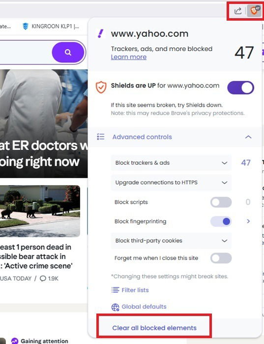 Effacer les éléments bloqués dans Brave sur le bureau.