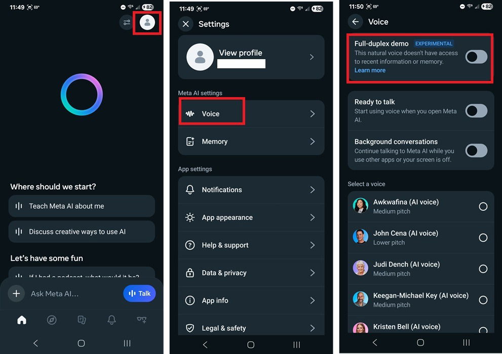 Essayer la démo complète du Duplex dans l'application Meta Ai.