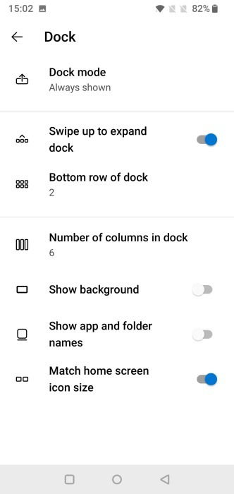 Options de personnalisation pour Dock via Microsoft Launcher sur Android.