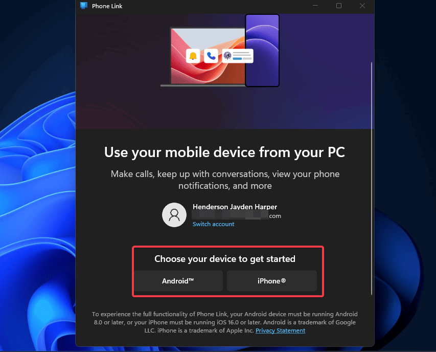 Lien de téléphone Choisissez l'appareil