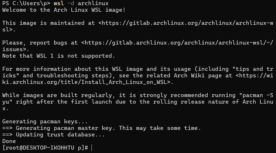 Lancement d'Arch Linux sur le sous-système Windows pour Linux.