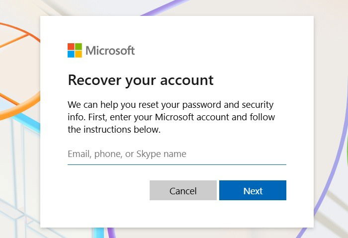 Connexion à la page de récupération du compte Microsoft