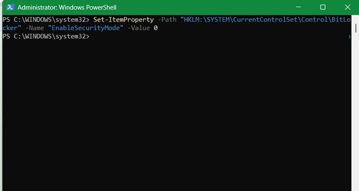 Activer la valeur de EnableCurityMode définie sur 0 dans PowerShell.