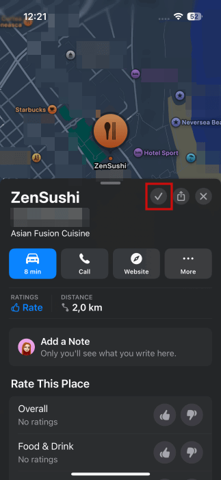 Voir la vue de signe après la sauvegarde de la bibliothèque dans Apple Maps.