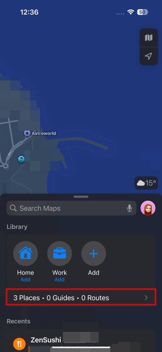 Totage de la barre de menu dans la section de la bibliothèque dans Apple Maps.