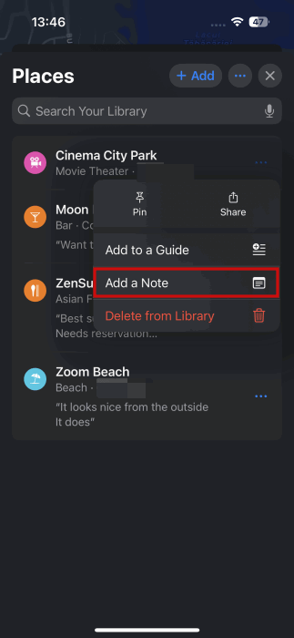 Ajout de notes pour la place enregistrée via la bibliothèque dans Apple Maps.