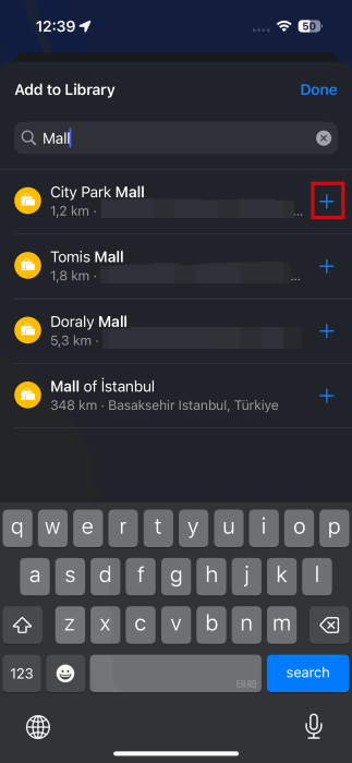 Ajout d'un nouvel emplacement enregistré de la bibliothèque dans Apple Maps.