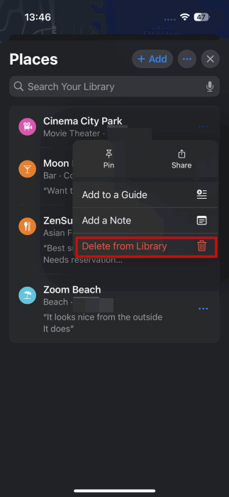 Suppression de l'endroit enregistré de la bibliothèque dans Apple Maps.