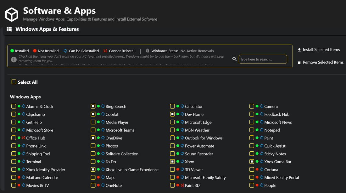 Liste des applications Windows à désactiver dans Winhance