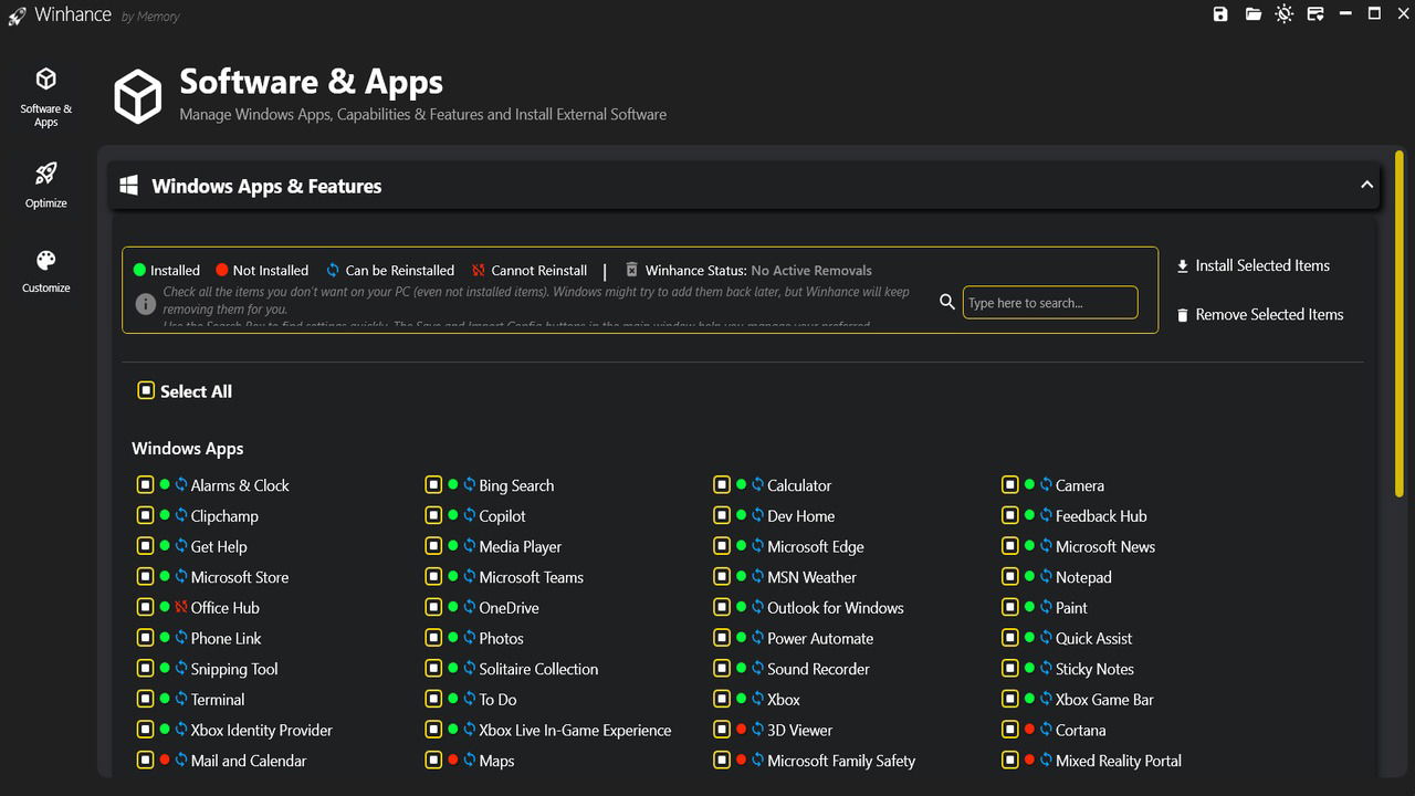Winhance main interface showing Windows apps to select