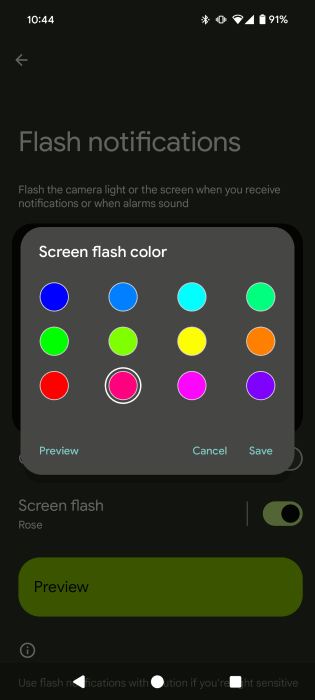 Sélection d'une couleur pour le clignotement d'écran dans les paramètres Android.