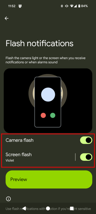 Les deux options de notifications flash activées sur Android.