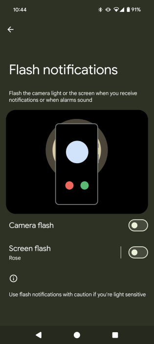 Paramètres de notifications flash sur le téléphone Android.