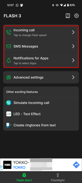 Options pour les alertes flash en alerte de chair et application de lampe de poche LED sur Android.
