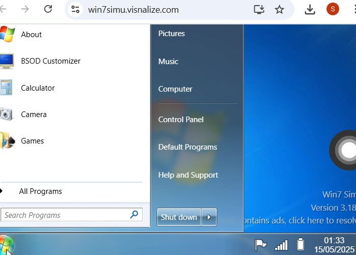 Win7Semu, avec son menu de démarrage Windows 7 caractéristique et son interface utilisateur.