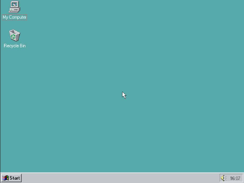 Vue de bureau Windows 95 dans un émulateur de navigateur Web.