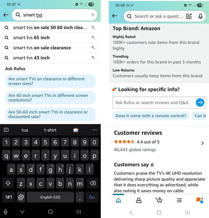 Utilisation de Rufus sur l'application mobile Amazon.
