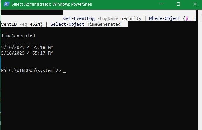 Times de connexion de l'utilisateur donnant diverses sessions utilisateur dans PowerShell, ce qui donne un temps d'écran.