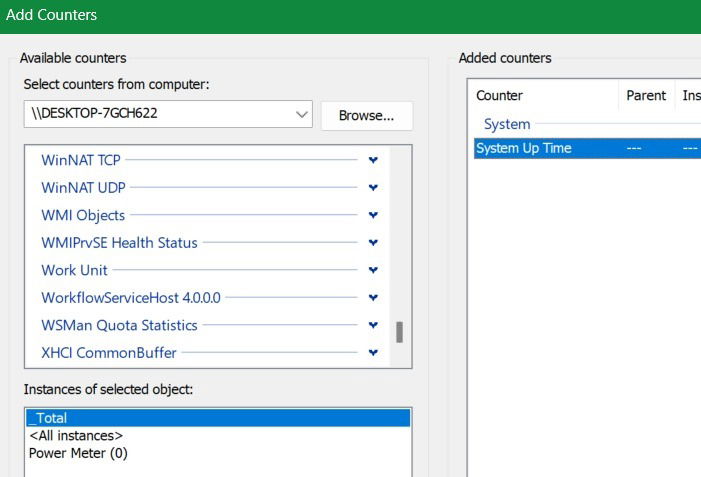 Ajoutez du temps de disponibilité du système aux compteurs de moniteur de performances à droite.