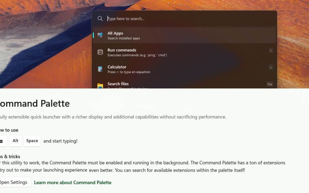 Une palette de commandes PowerToys de l’utilisateur Power