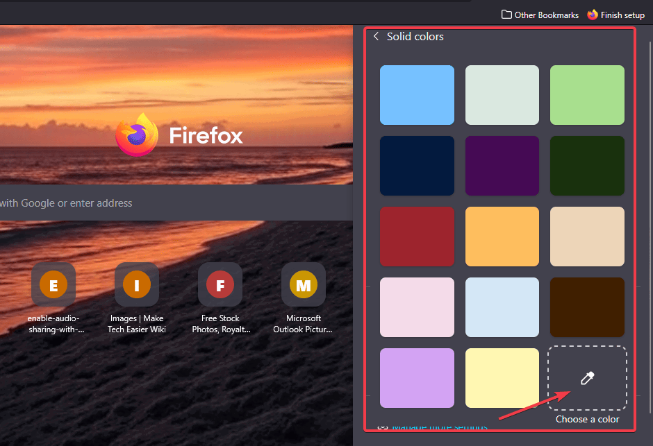 Choisissez une couleur nouvelle onglet fond Firefox