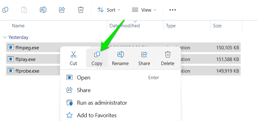 Copie de fichiers ffmpeg dans Windows 11