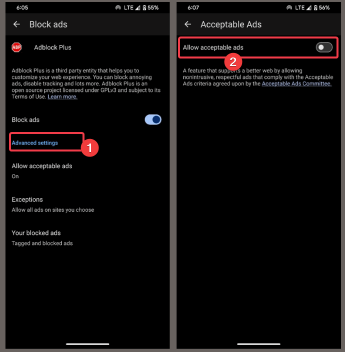 Éteignez les annonces acceptables Allo