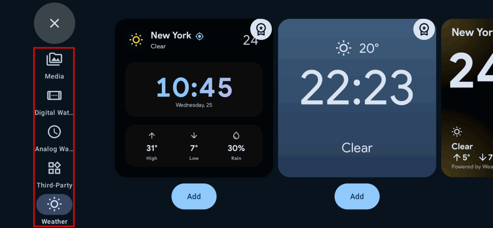 Options de widget de navigation dans l'application Pro Mode de secours.