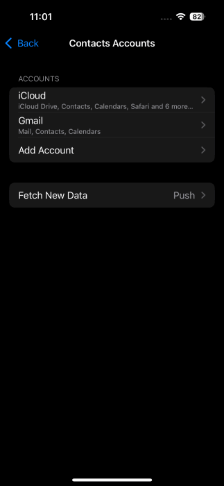 Contacts Comptes View sur iPhone.