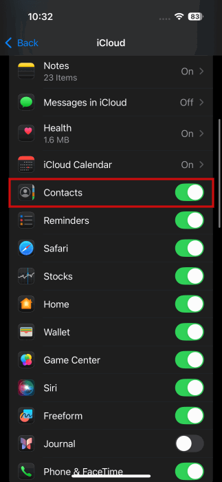 Vérifiez que les contacts Toggle se trouvent dans les paramètres iCloud sur iPhone.