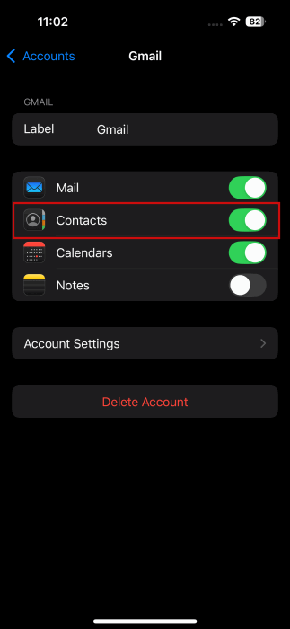 Bascule sur l'option Contacts sous Compte Gmail dans les paramètres de l'iPhone.