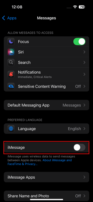 Éteindre iMessage sur iPhone.