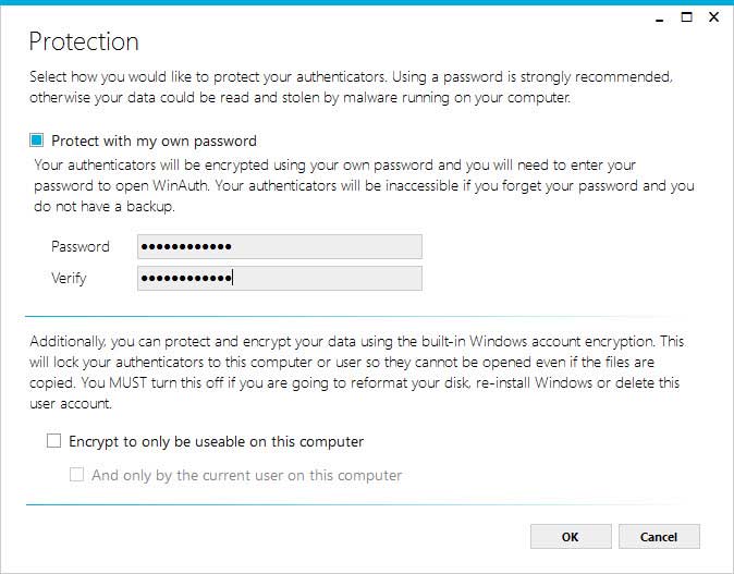 Définissez un mot de passe pour crypter les fichiers enregistrés. Configuration d'un mot de passe à utiliser avec WinAuth pour utiliser Google Authenticator sur un PC Windows.