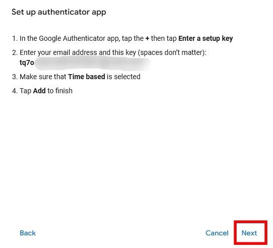 Accédez à l'étape suivante lors de la configuration de la vérification en 2 étapes dans votre compte Google.