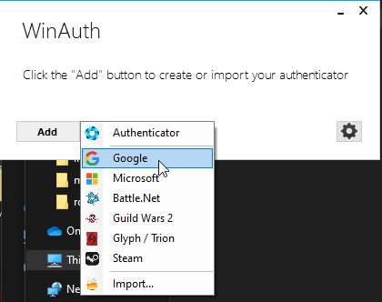 Catégorie Google Authenticatrice Winauth Choisissez Google dans la liste de compte WinAuth.