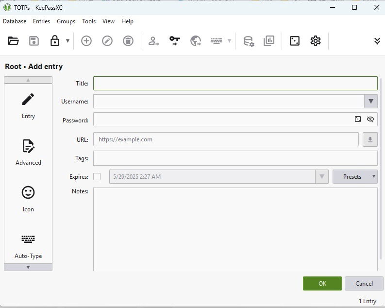 Configuration de l'entrée Keepassxc.