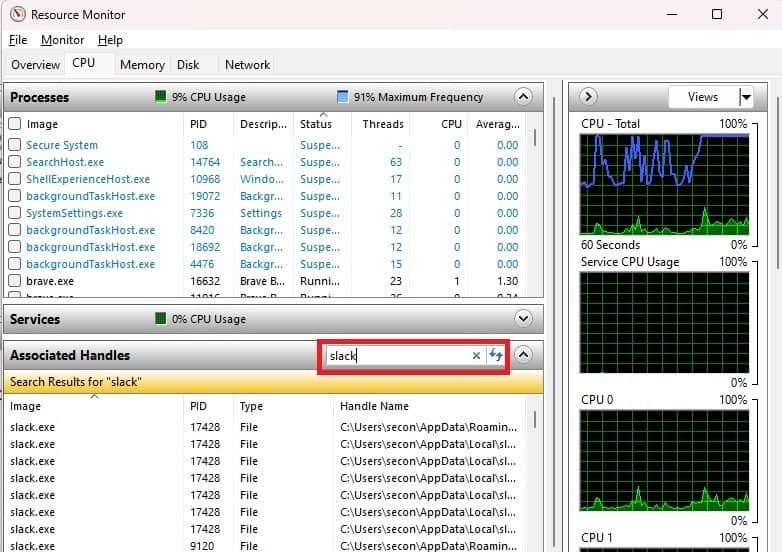 Recherche de fichiers ou de dossiers dans l'application Resource Monitor.