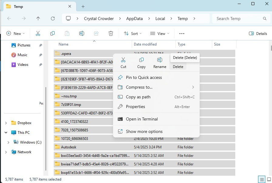 Suppression de fichiers dans le dossier temporaire dans Windows.